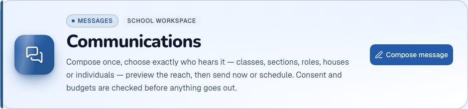 Communications module heading and available primary action in ZivoERP