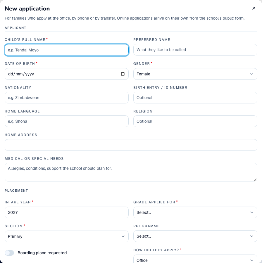 Empty application form with its field labels
