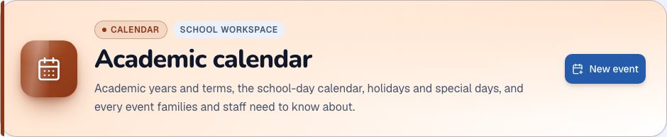 School calendar module heading and available primary action in ZivoERP