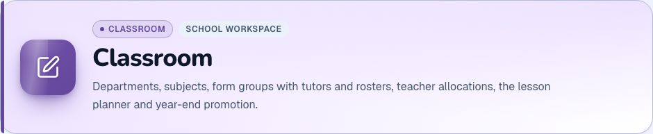 Classroom management module heading and available primary action in ZivoERP