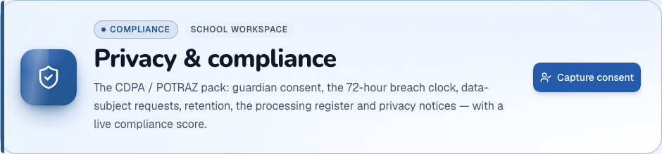 Privacy & compliance module heading and available primary action in ZivoERP