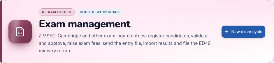 Exam management & returns module heading and available primary action in ZivoERP