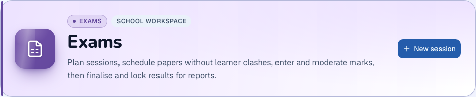 Internal exams module heading and available primary action in ZivoERP