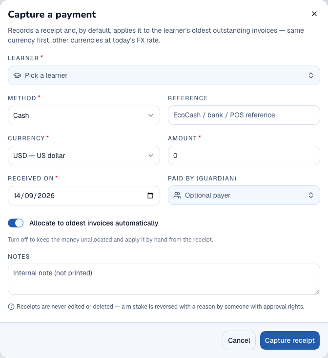 Empty payment capture form with its field labels