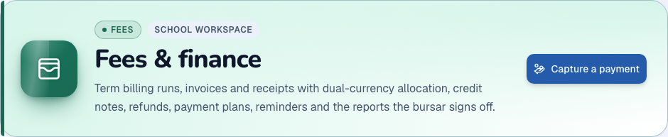 Fees & finance module heading and available primary action in ZivoERP