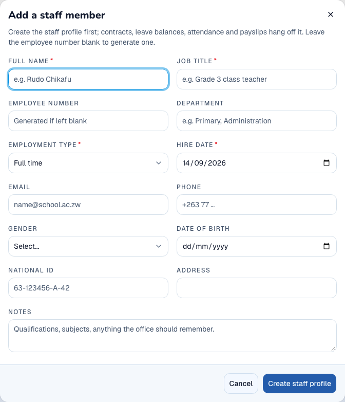 Empty staff profile form with its field labels