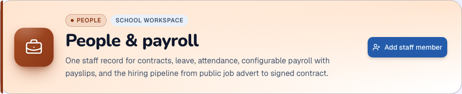 People & payroll module heading and available primary action in ZivoERP