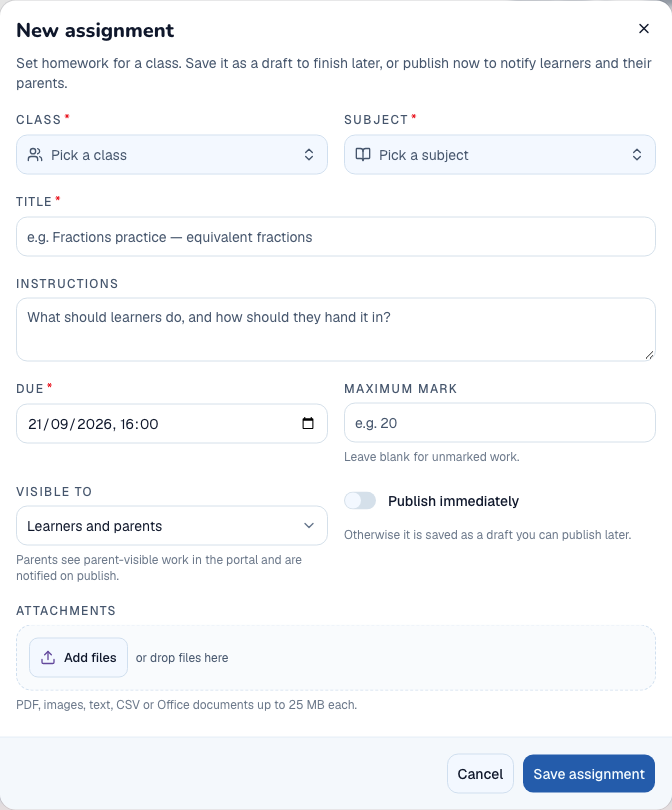 Empty assignment form with its field labels