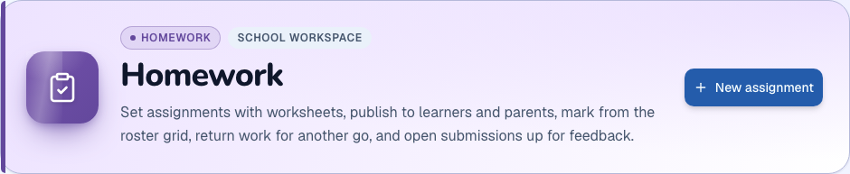 Homework module heading and available primary action in ZivoERP