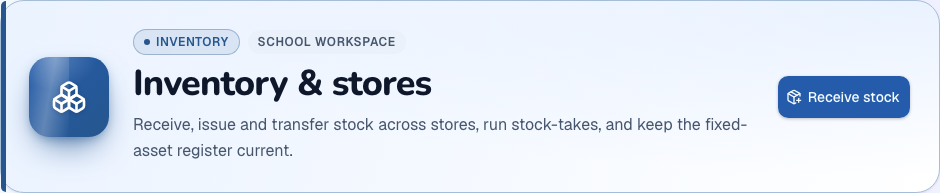 Inventory & stores module heading and available primary action in ZivoERP