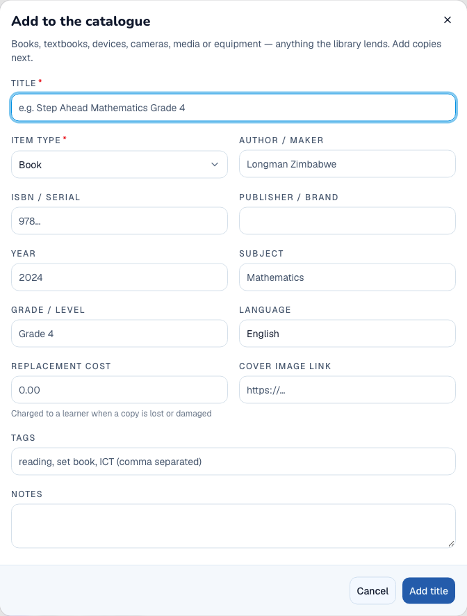 Empty catalogue title form with its field labels