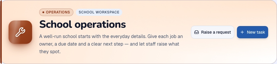 School operations module heading and available primary action in ZivoERP