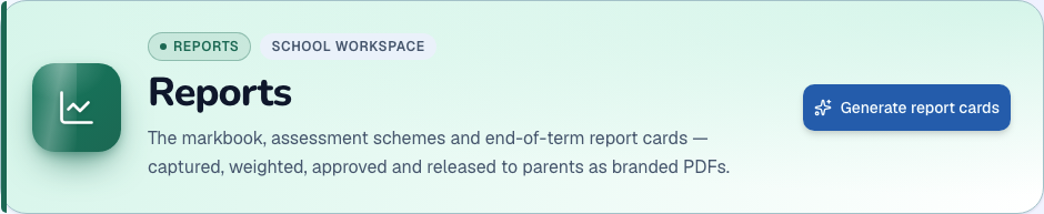 Reports & markbook module heading and available primary action in ZivoERP
