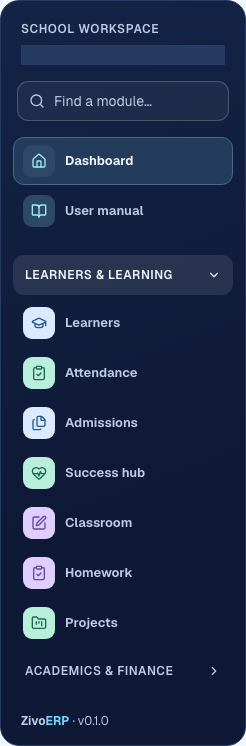 ZivoERP left navigation with Dashboard, User manual and grouped modules