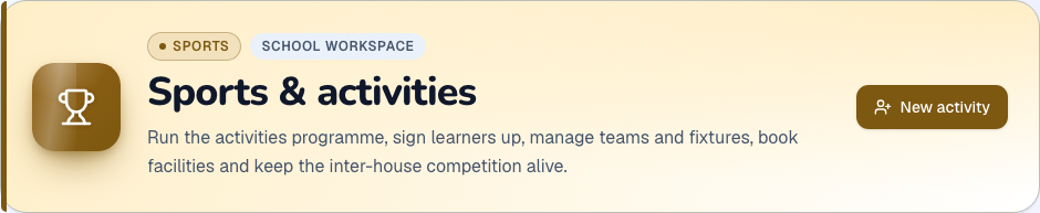 Sports & activities module heading and available primary action in ZivoERP