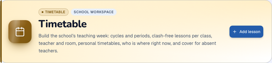 Timetable module heading and available primary action in ZivoERP