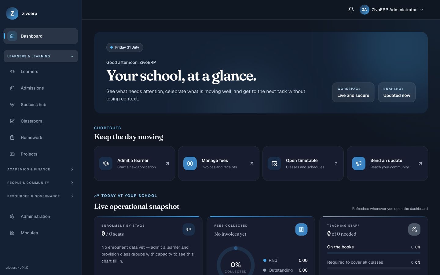 ZivoERP dashboard showing school shortcuts, enrolment, fees and staffing insights